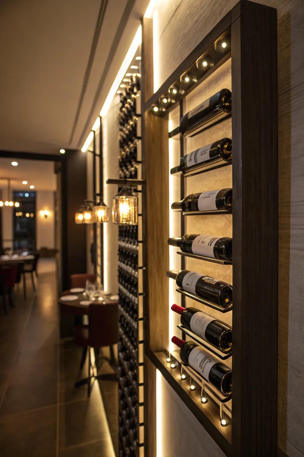 LED lights render this wine rack a nighttime centerpiece.