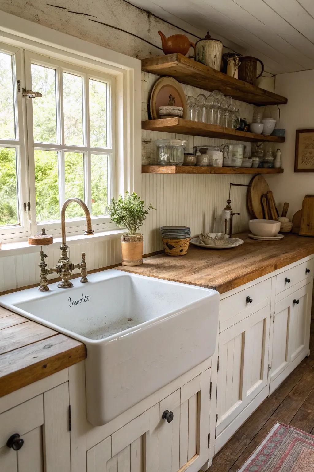 A farmhouse sink serves as a rustic focal point in this cottage kitchen.