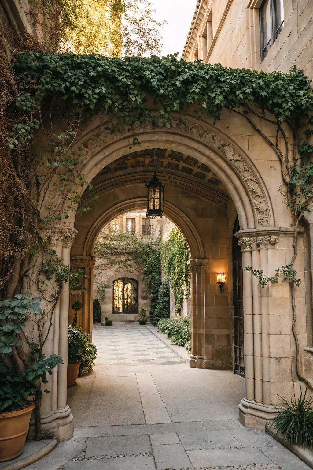 An arched entrance adds a touch of architectural elegance.