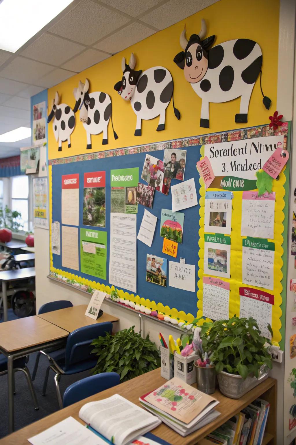 A 'Spreading the Bovine Buzz' board for sharing classroom news