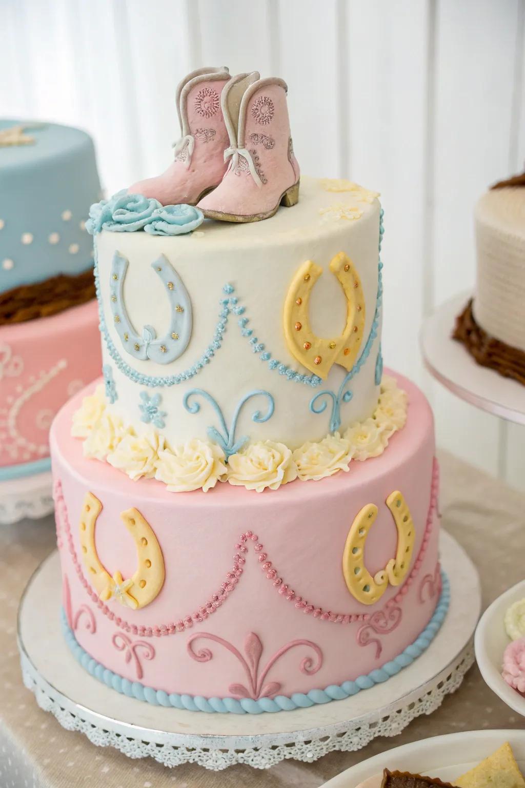 Pastel shades bring an elegant and soft touch to this cowgirl-themed cake.