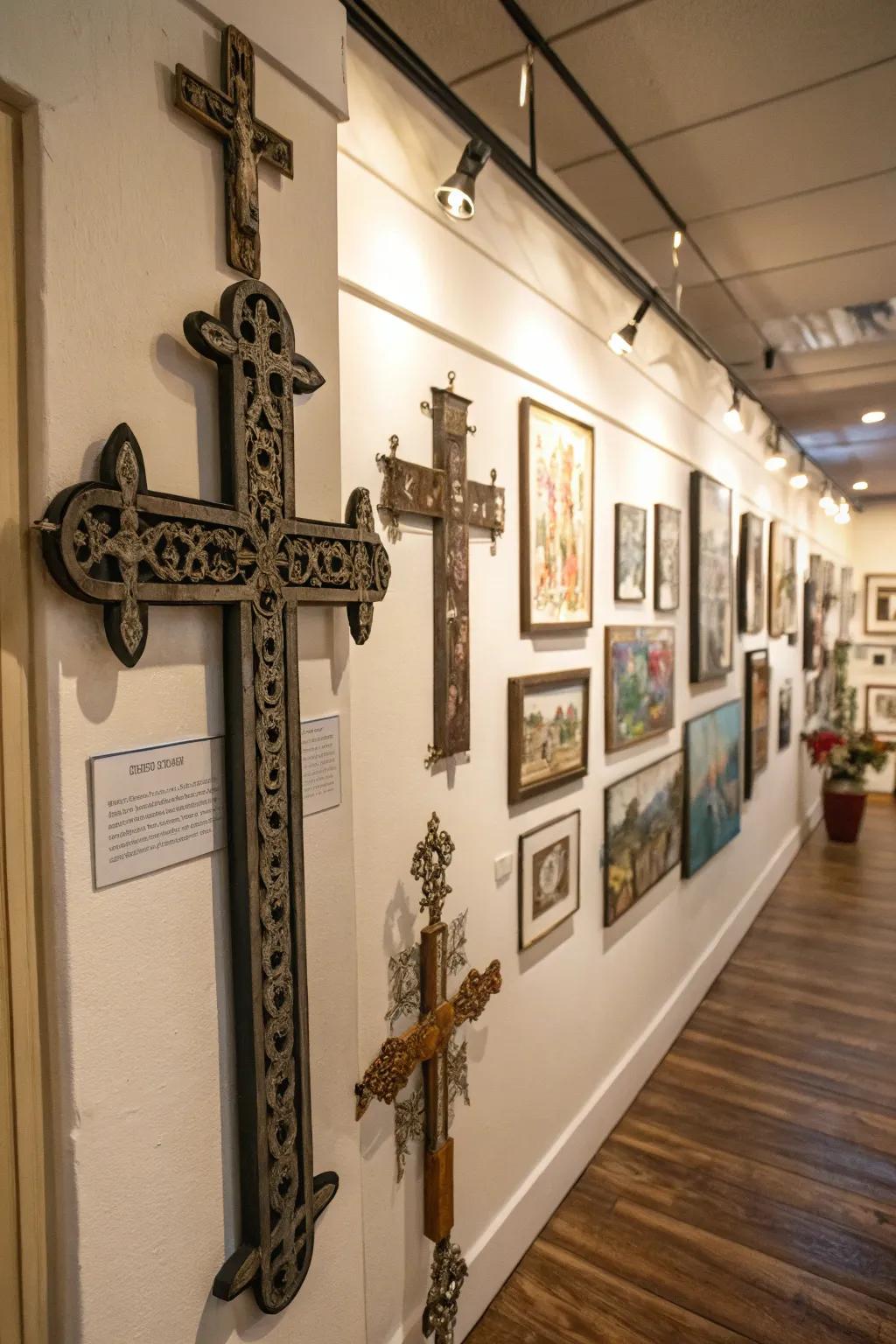 A gallery wall featuring a variety of cross decorations.