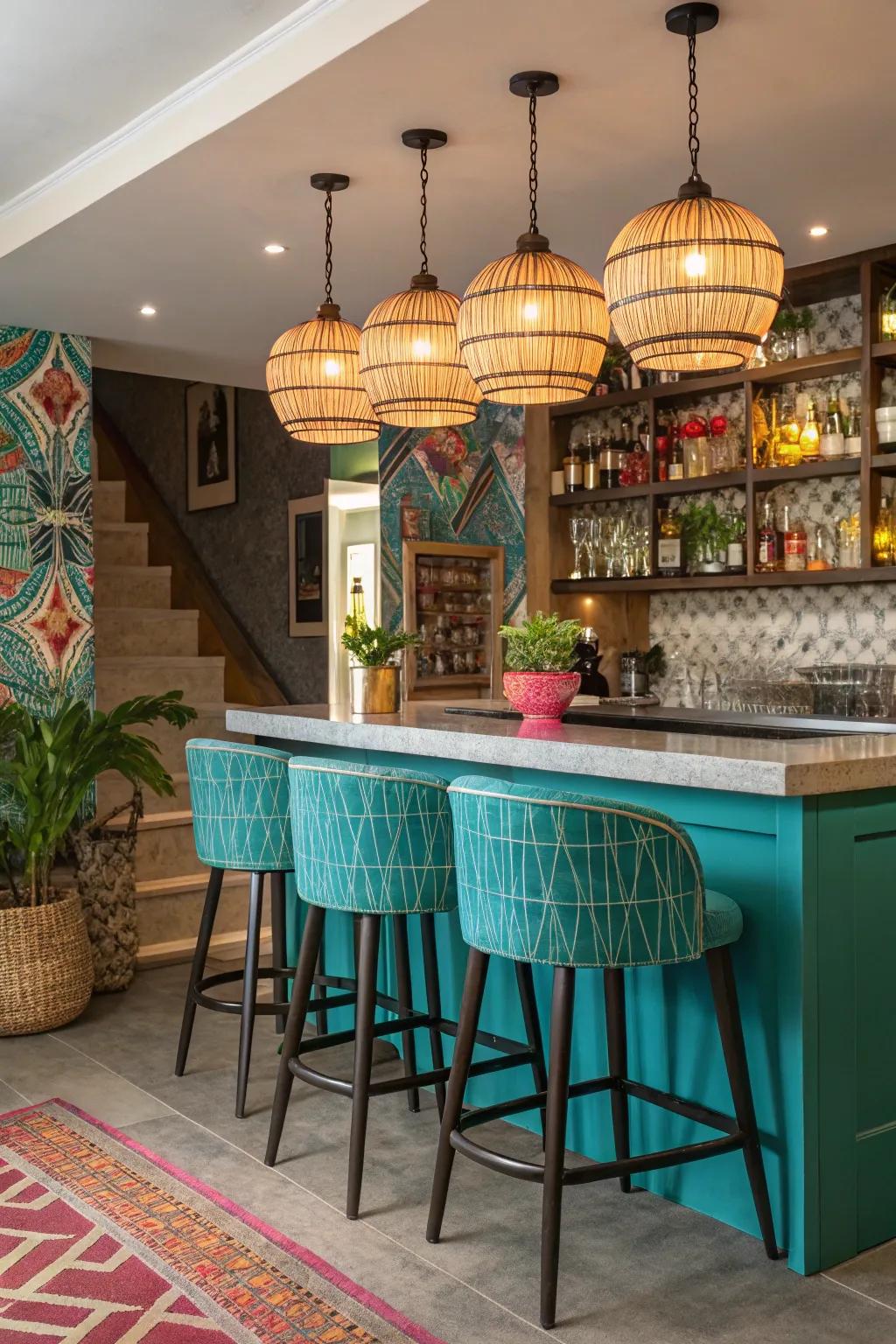 An eclectic home bar with bold color accents and unique lighting.