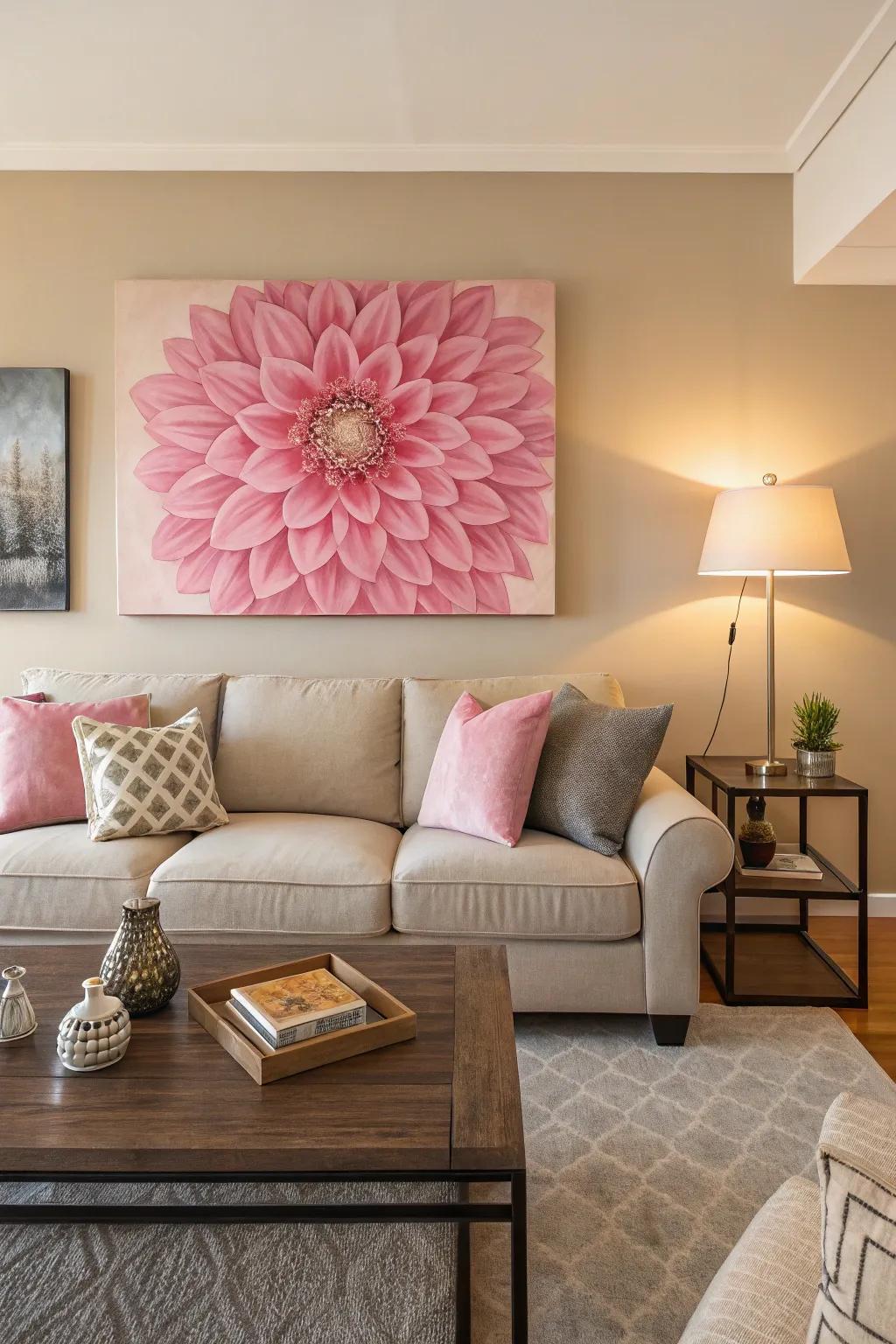 Pink wall art infuses personality and color into the living room.