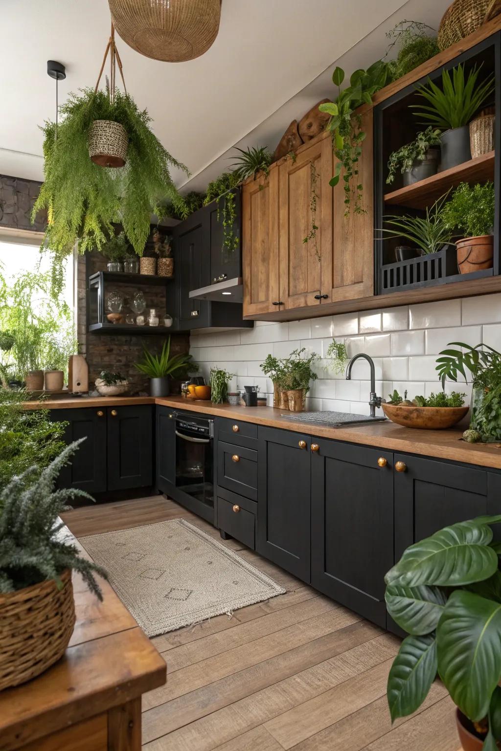 Wooden accents and greenery add warmth to dark kitchen cabinets.