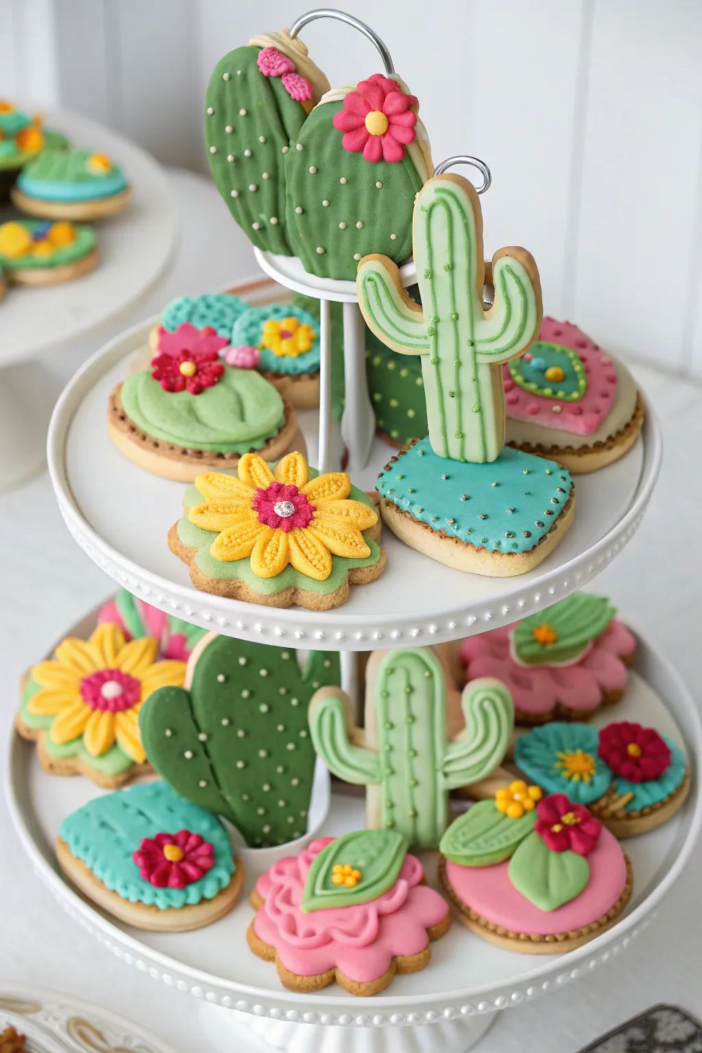 A tiered stand with cactus-shaped cookies decorated with colorful icing flowers.