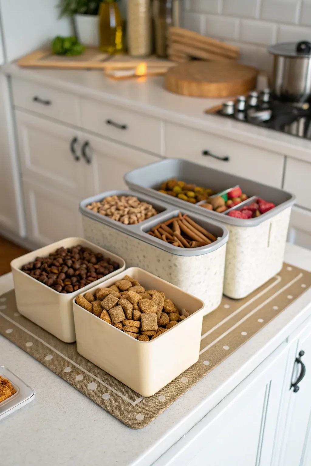 A multi-bin organizer keeps various dog foods and treats neatly arranged and accessible.