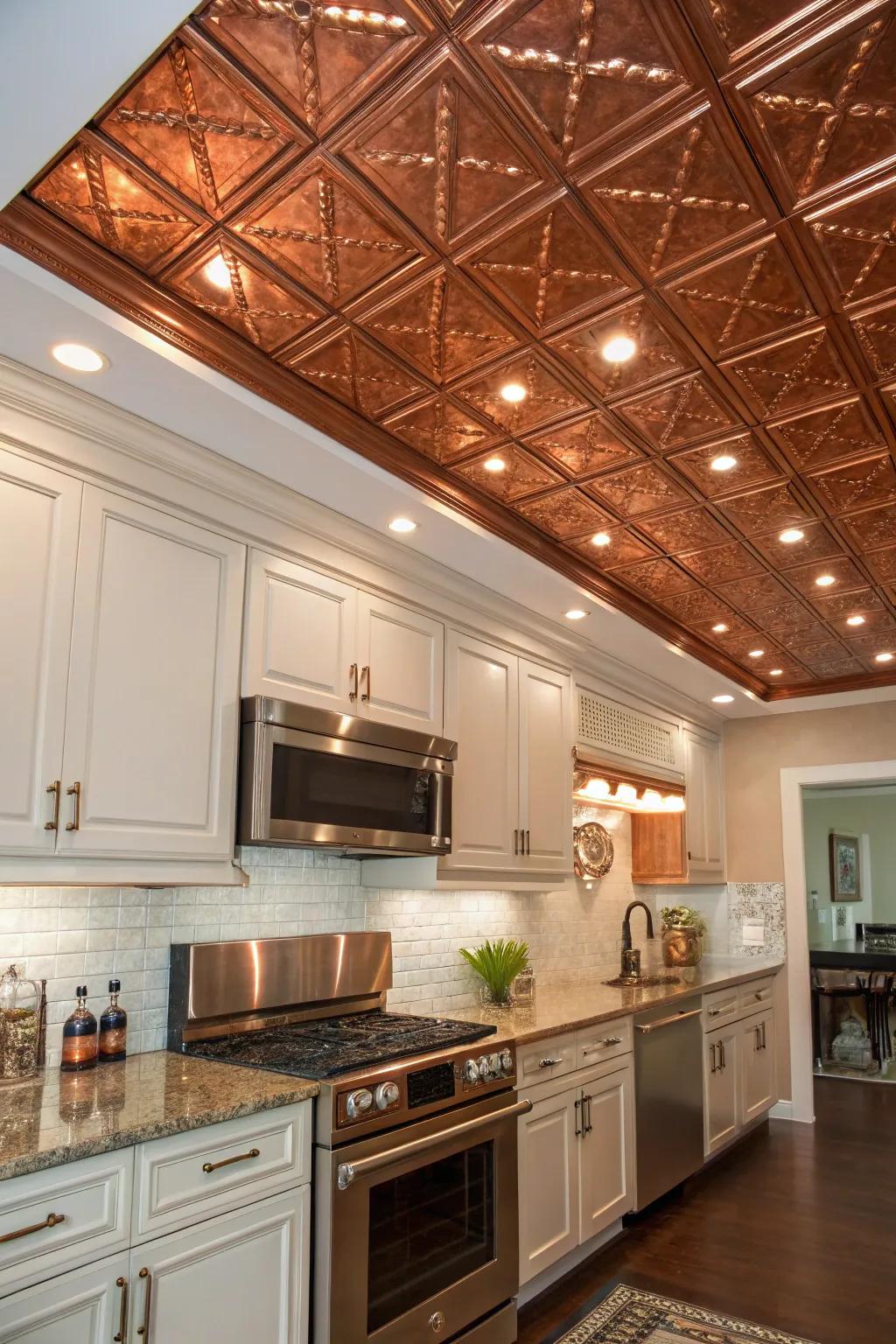 Glamour and vintage charm with metallic ceiling tiles.