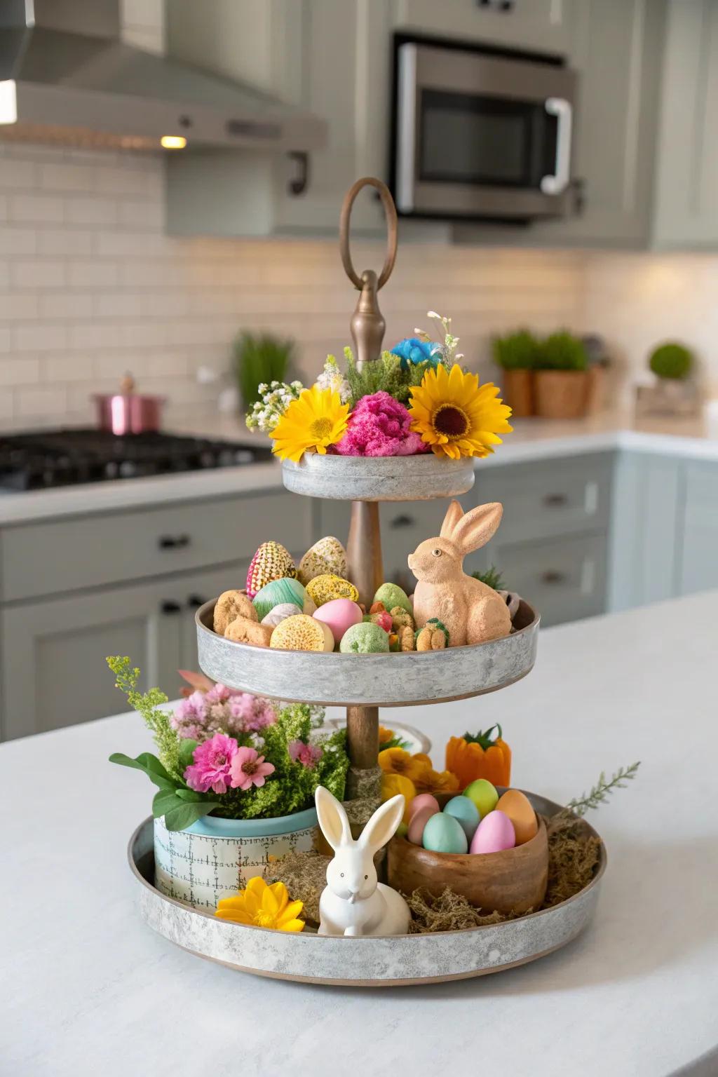 Staggered stands artfully array petite Easter décor pieces.