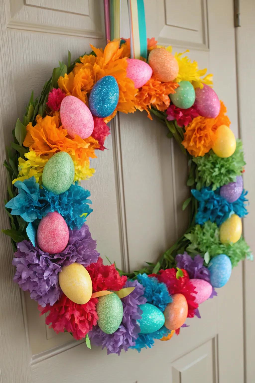 A vibrant Easter wreath featuring rainbow eggs, perfect for adding a pop of color.