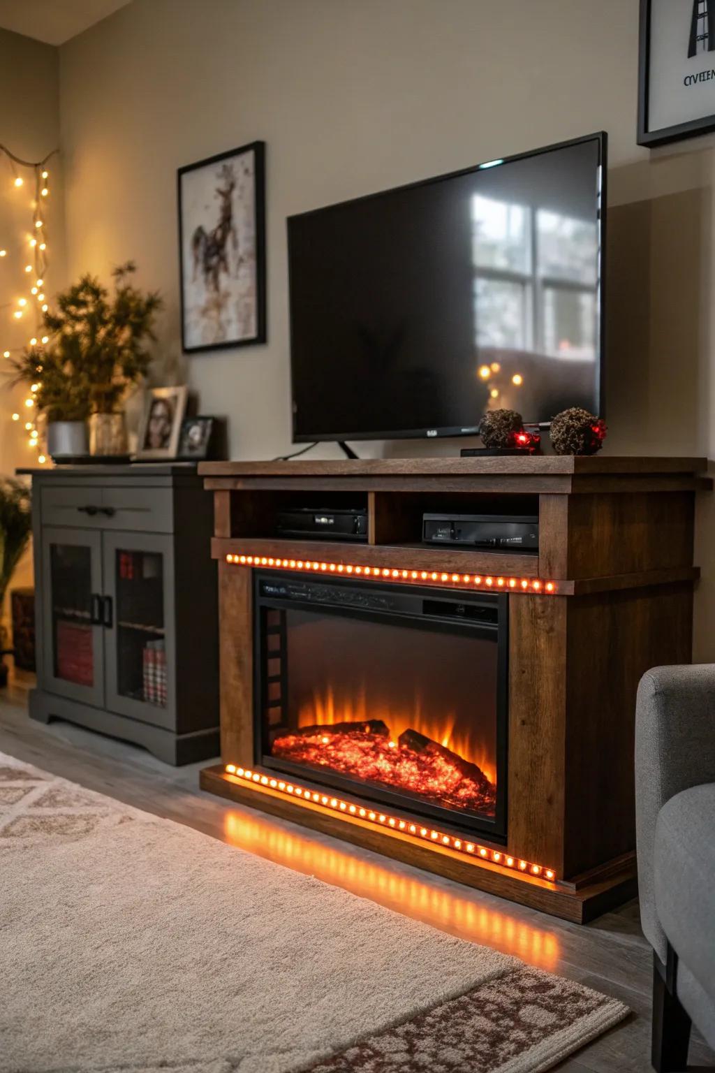 Accent lighting creates a warm and inviting atmosphere around your fireplace and TV.