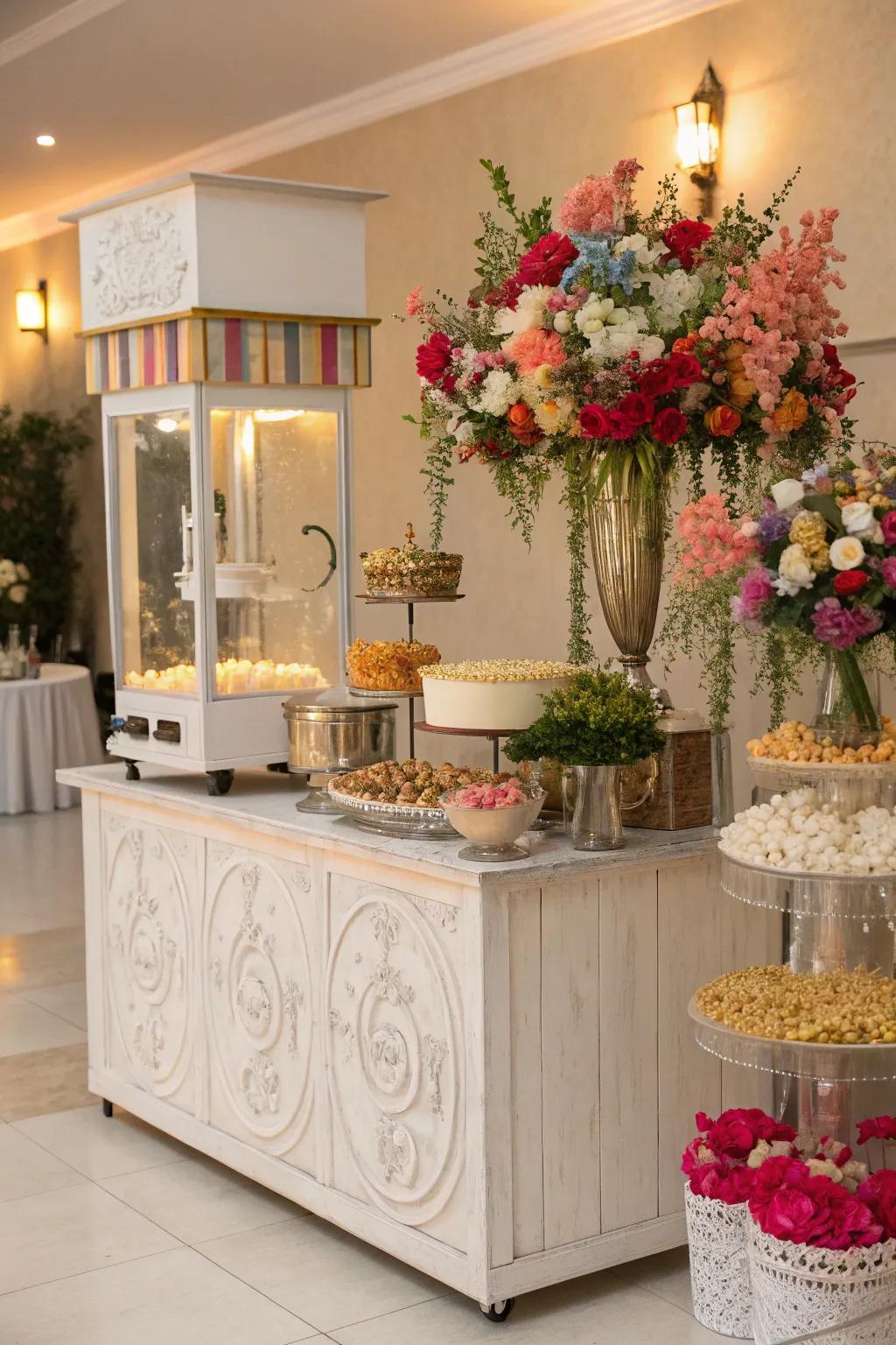A sophisticated popcorn station table showcasing opulent floral decorations, amplifying the wedding's elegance.