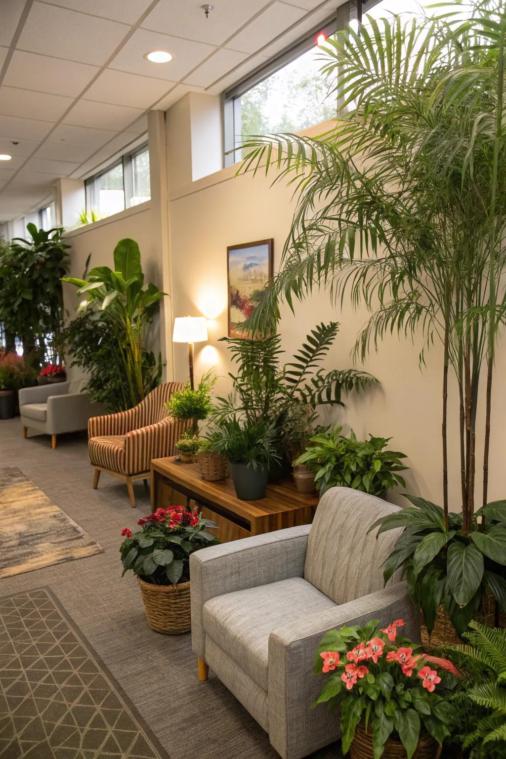 Lush greenery enhances this serene break room.