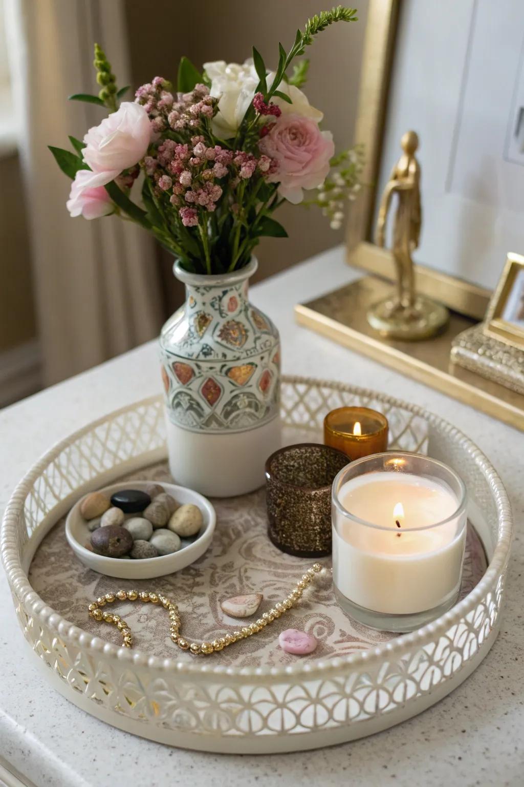 A decorative tray keeps end table decor organized.