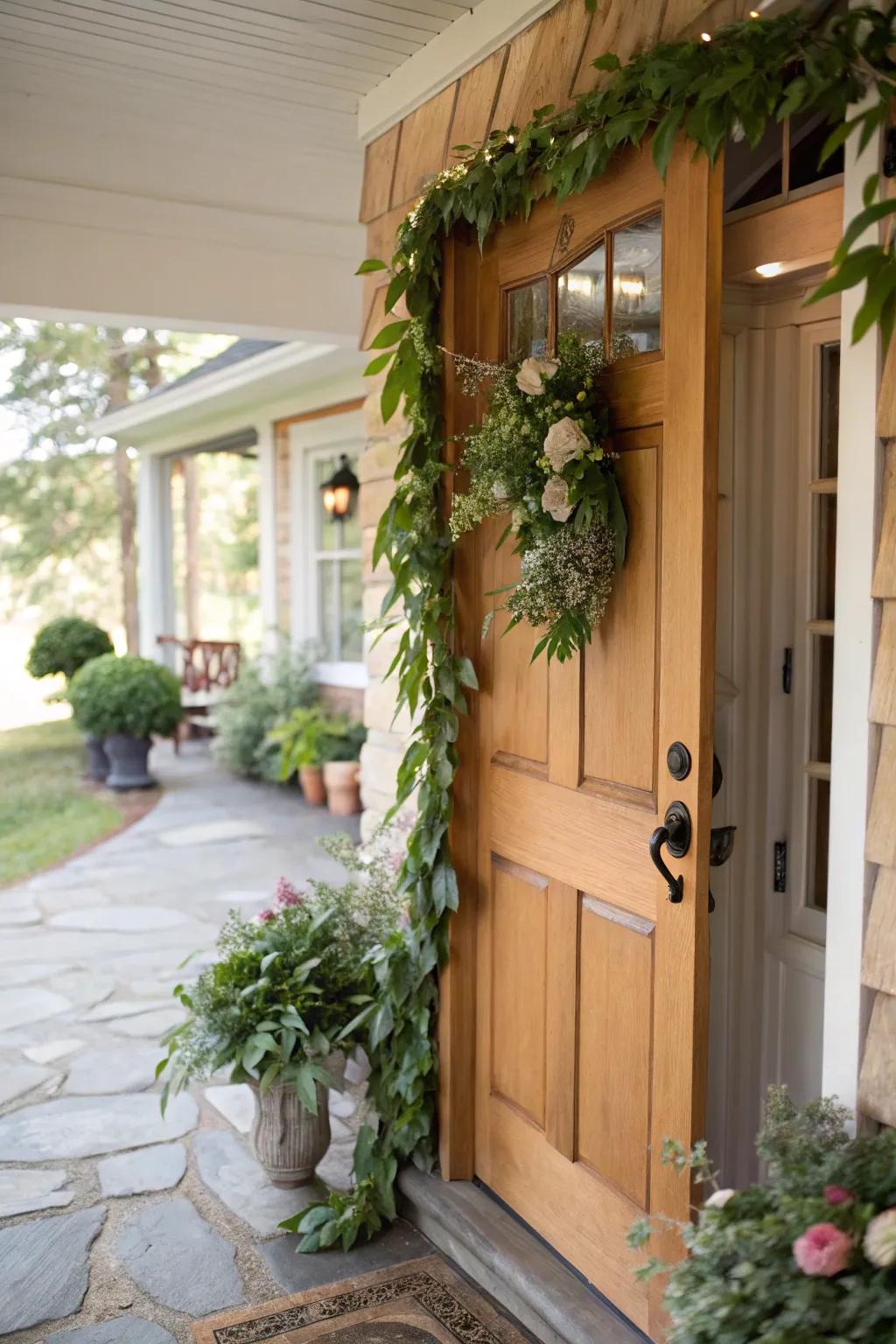 An abundant swag of autumn leaves adorns the entryway.