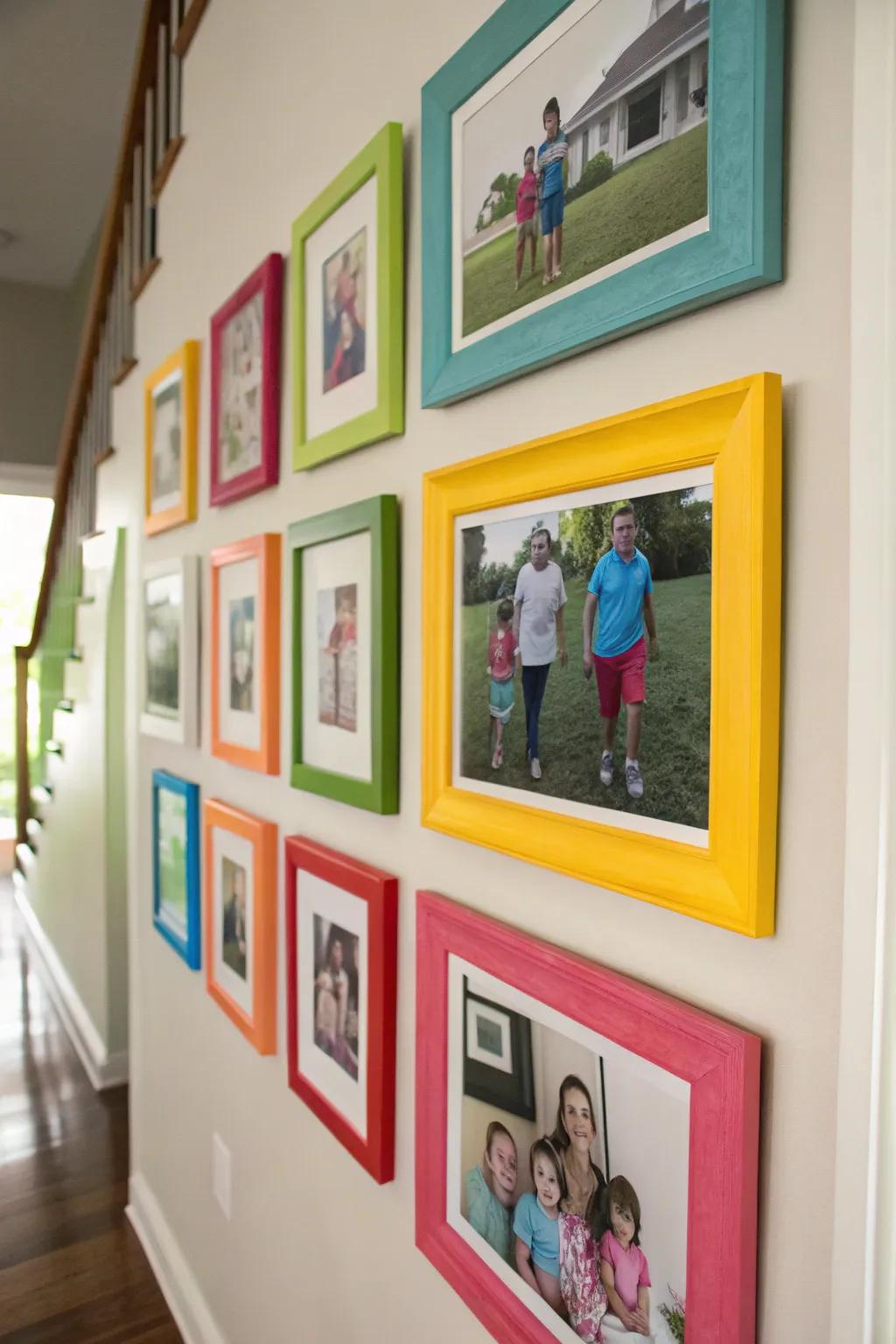 Colorful mats highlight family photos, adding vibrancy and style.