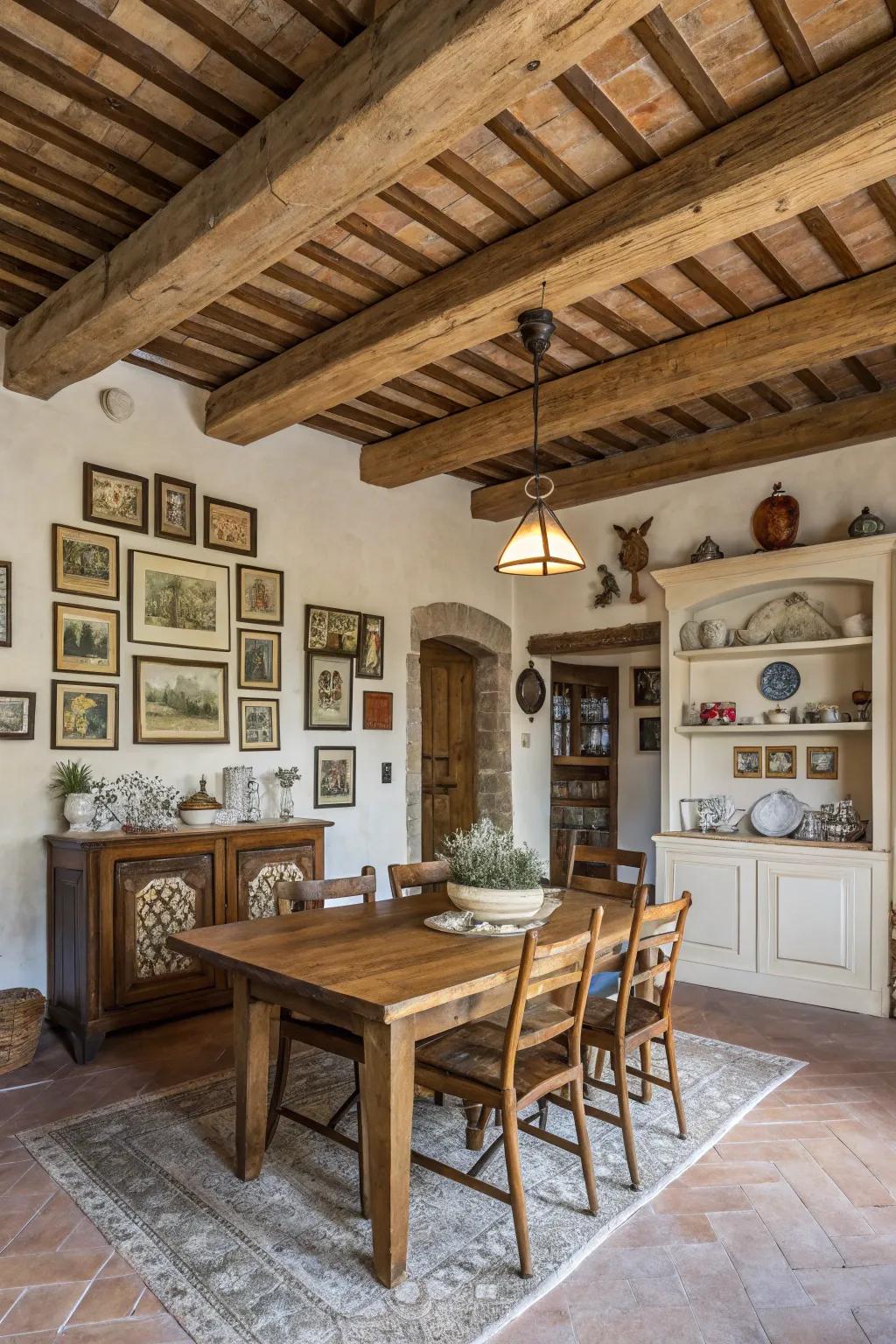 Exposed beams add architectural interest and rustic charm to this dining room.