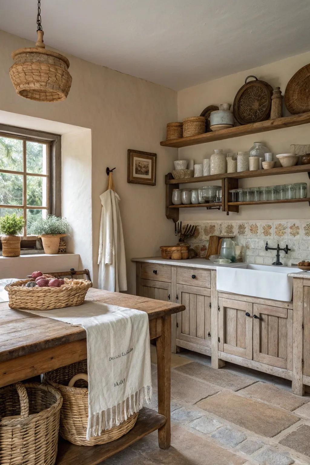 Soft textiles enhancing the warmth of a farmhouse kitchen.