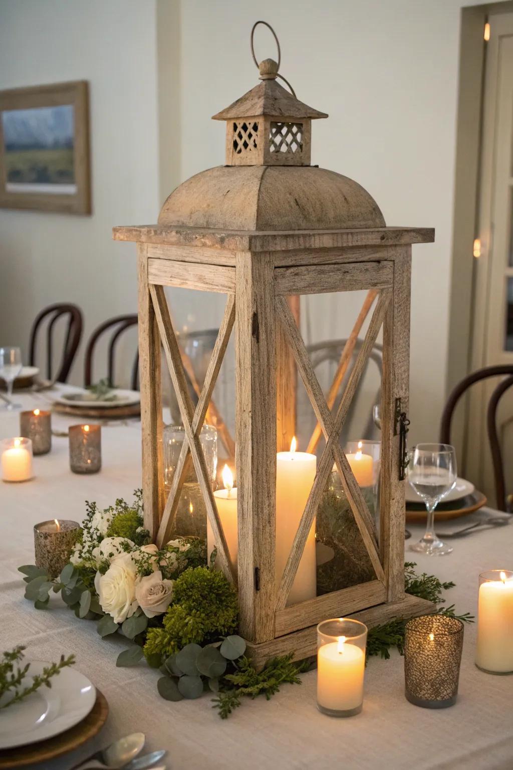 A lantern can serve as a striking table centerpiece.