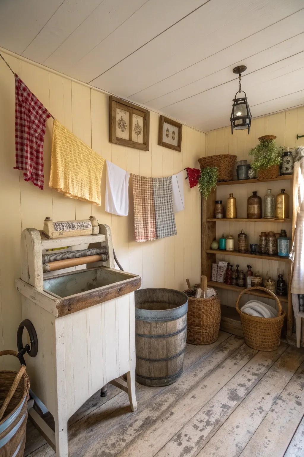 Vintage signs add character and charm to this cozy laundry space.