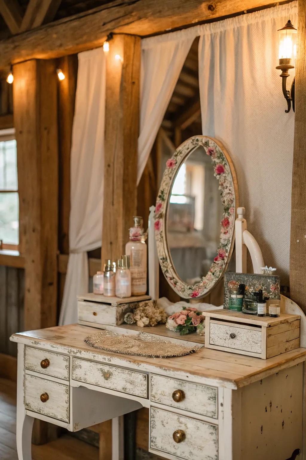 Distressed patinas provide a timeless, antiquated sensation.