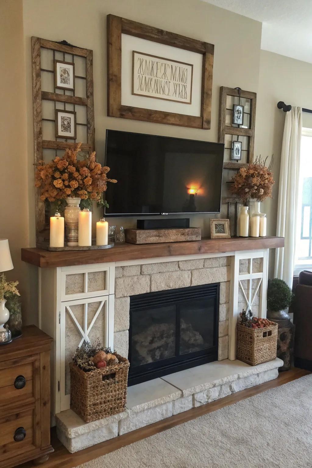 A perfectly balanced farmhouse mantel with TV, showcasing a symmetrical decor arrangement.