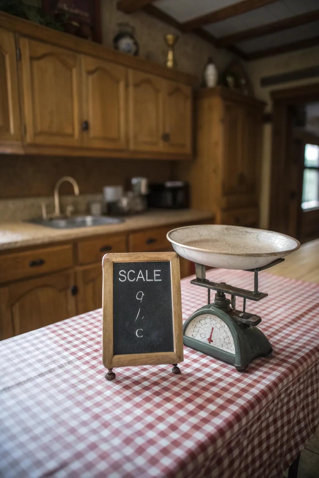 Personalized chalkboard sign on a vintage scale.