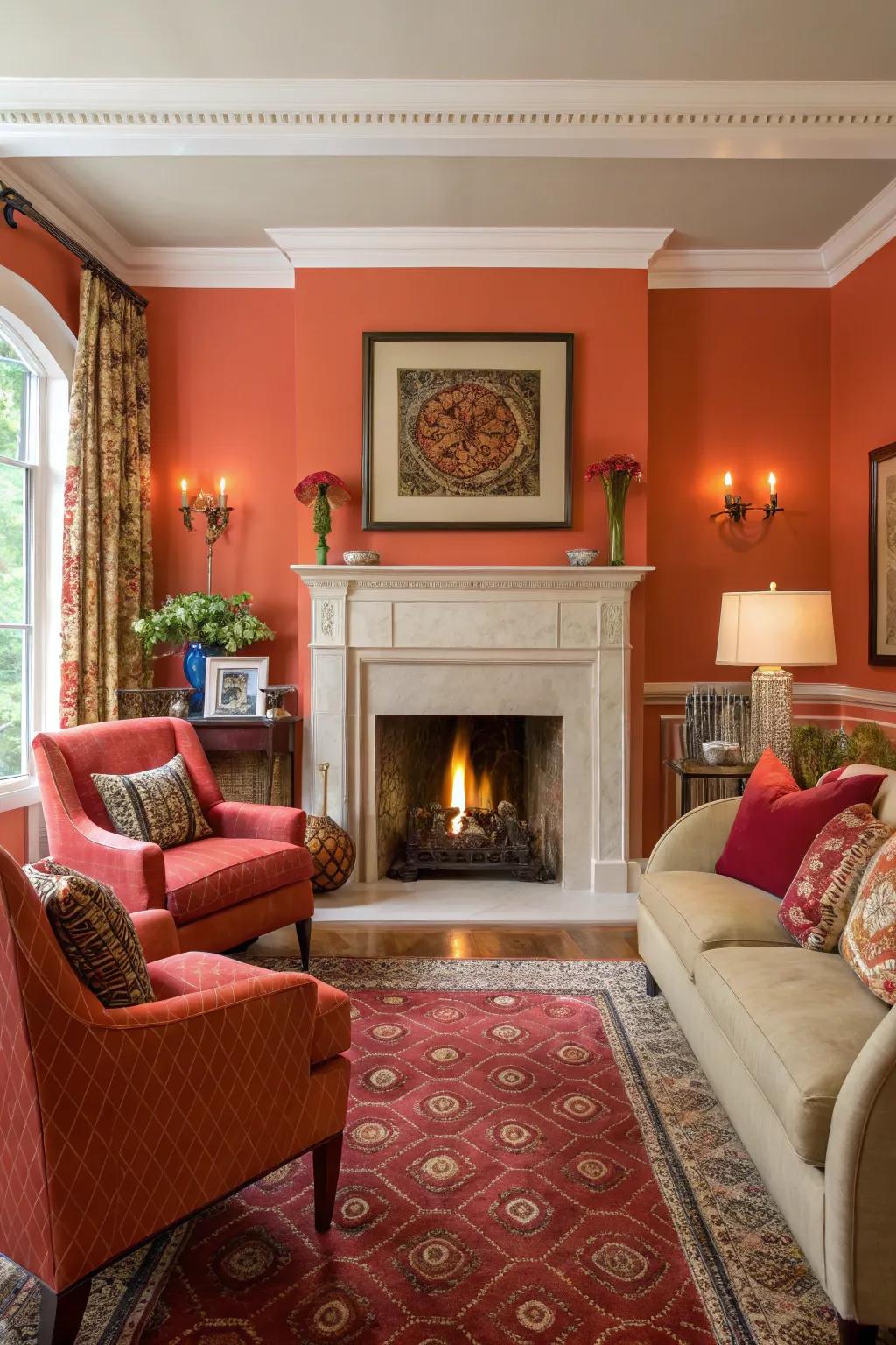 A vibrant living room showcasing striking accent colors around the fireside alcove.