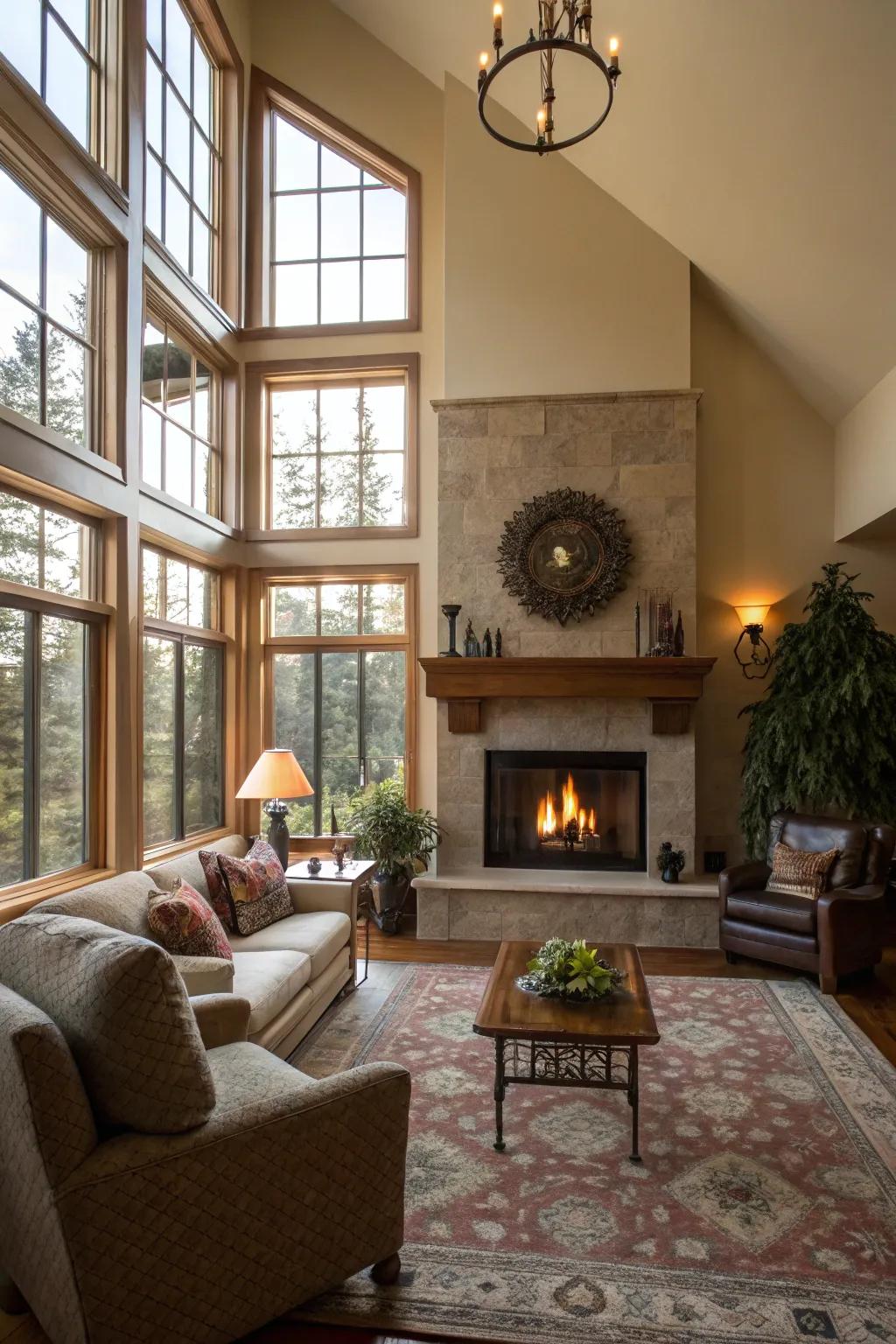 A snug living room featuring a central fireplace and abundant natural light streaming through large windows.