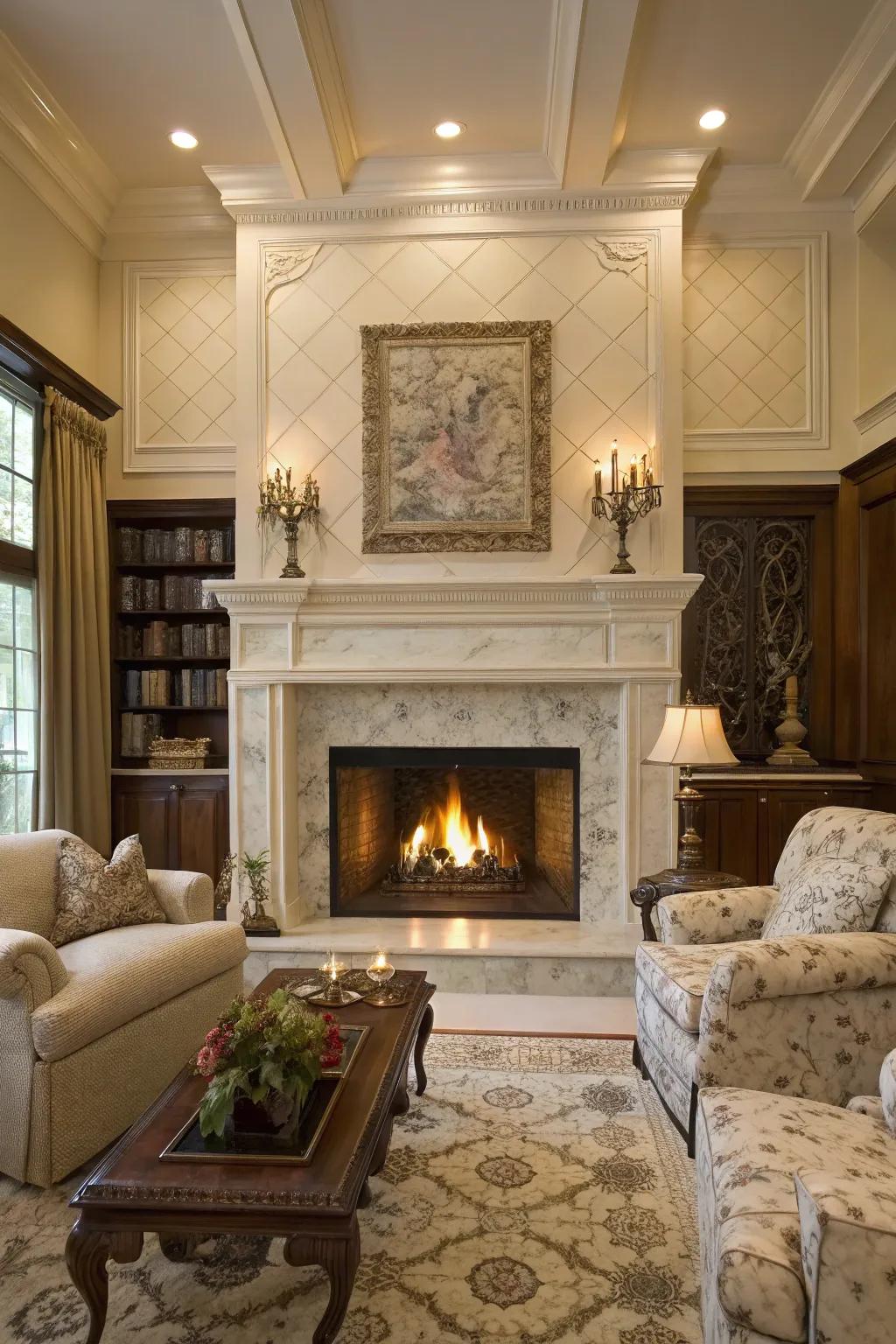 Classic elegance with marble tiles and a traditional mantel.