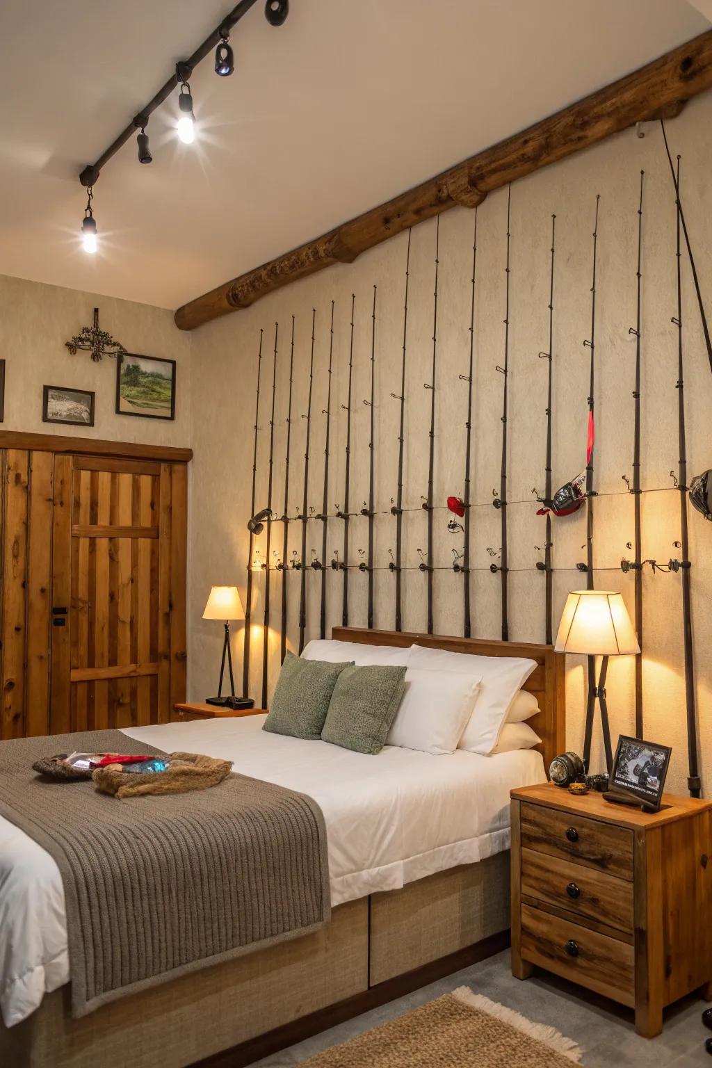 A practical and unique wall display can be made out of fishing rods.