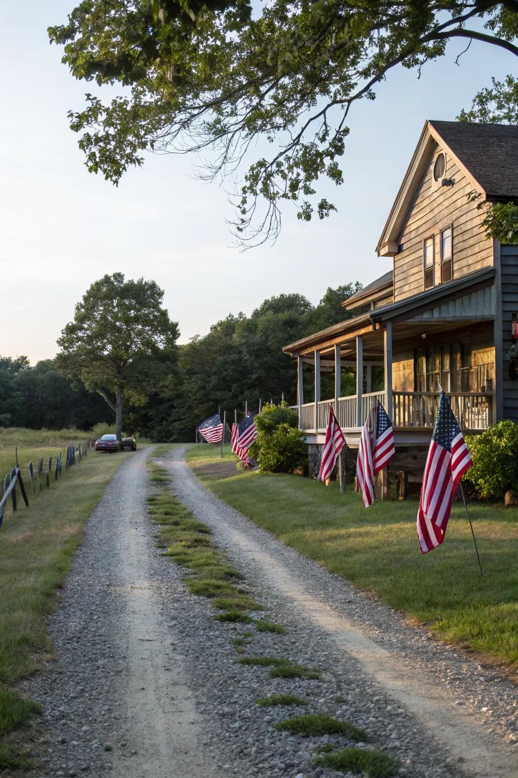 A rustic rear lot access featuring a gravel surface guides to a quaint countryside dwelling.