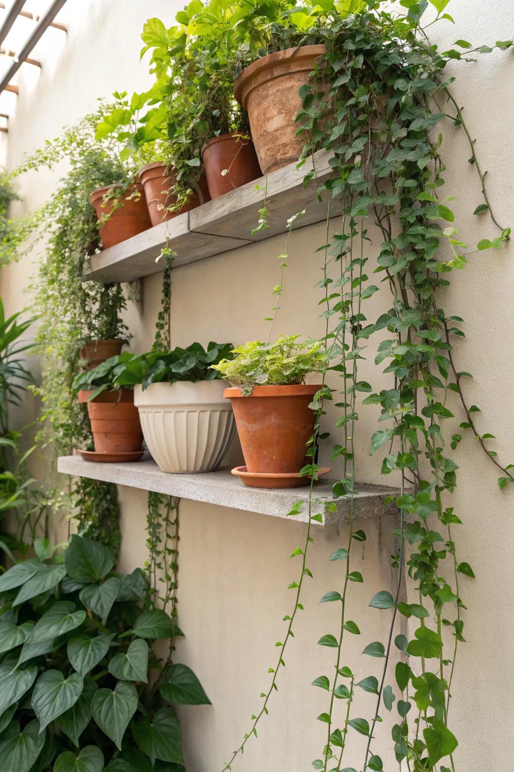 Floating shelves bringing nature indoors with lush greenery.