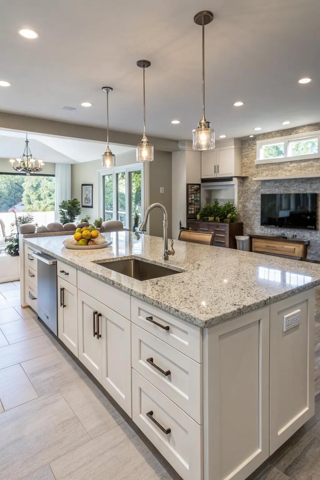 A functional kitchen island with an integrated free standing sink.