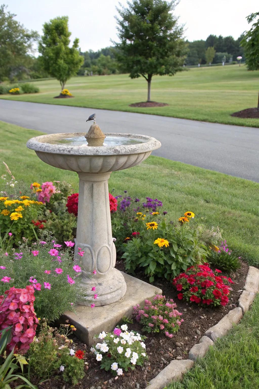 A bird bath nestled in a colorful corner garden.