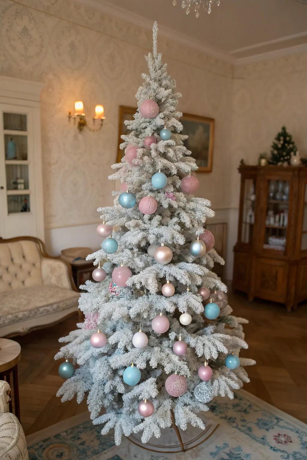 Pastel colors bring a vintage charm to this frosted Christmas tree.