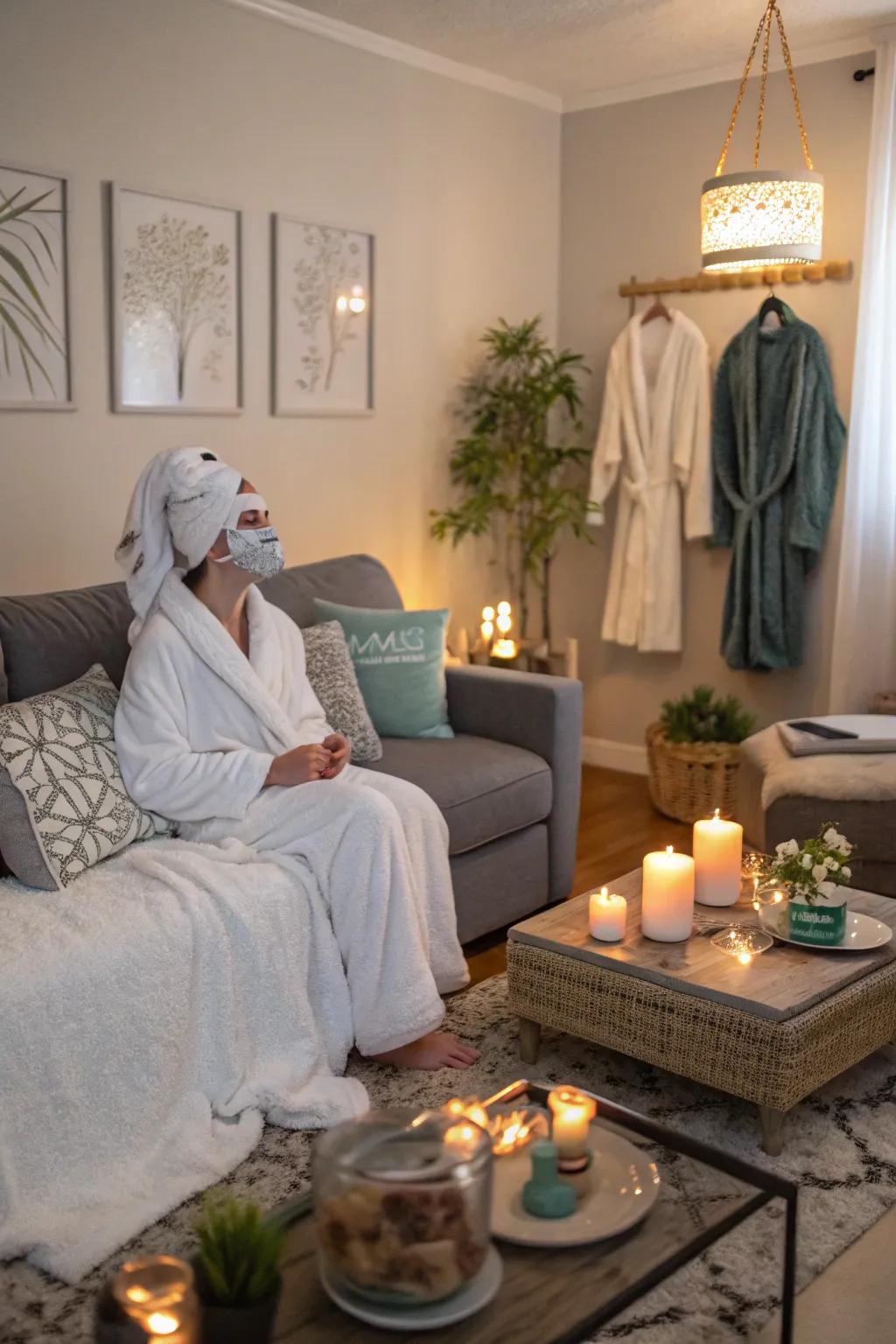 A tranquil spa atmosphere for a relaxing Galentine's Day evening.