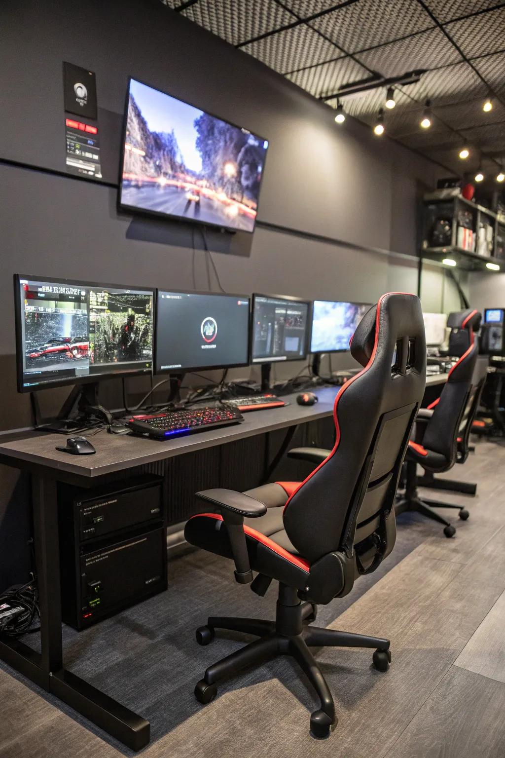 A multi-screen setup creates a command-center feel for immersive gameplay.