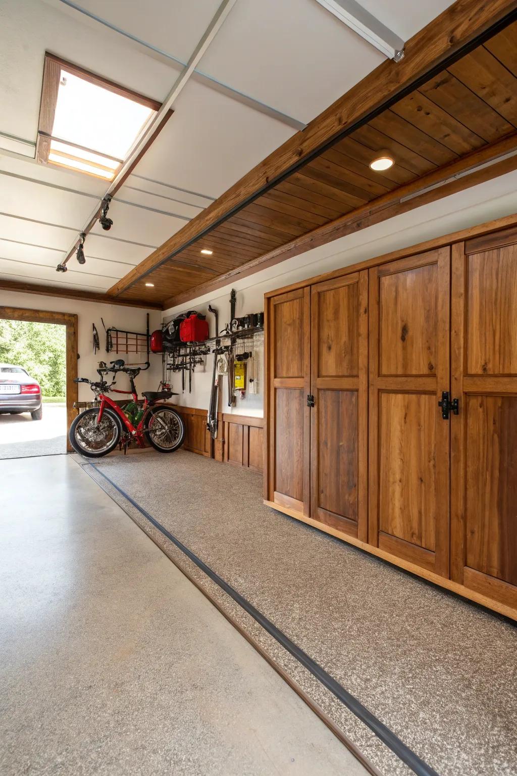 Custom wood baseboards infuse warmth and individuality into your garage.