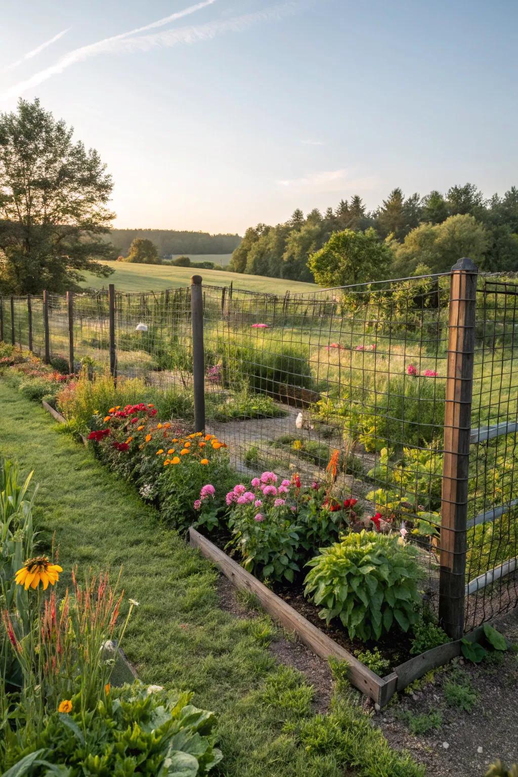 A versatile wire mesh fence provides protection for a flourishing garden.