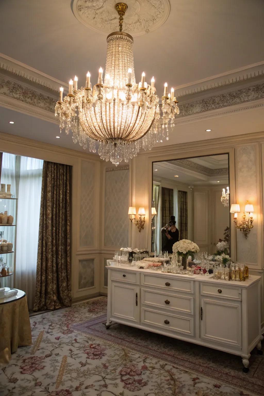 Chandeliers infuse an air of refinement into any dressing sanctuary.