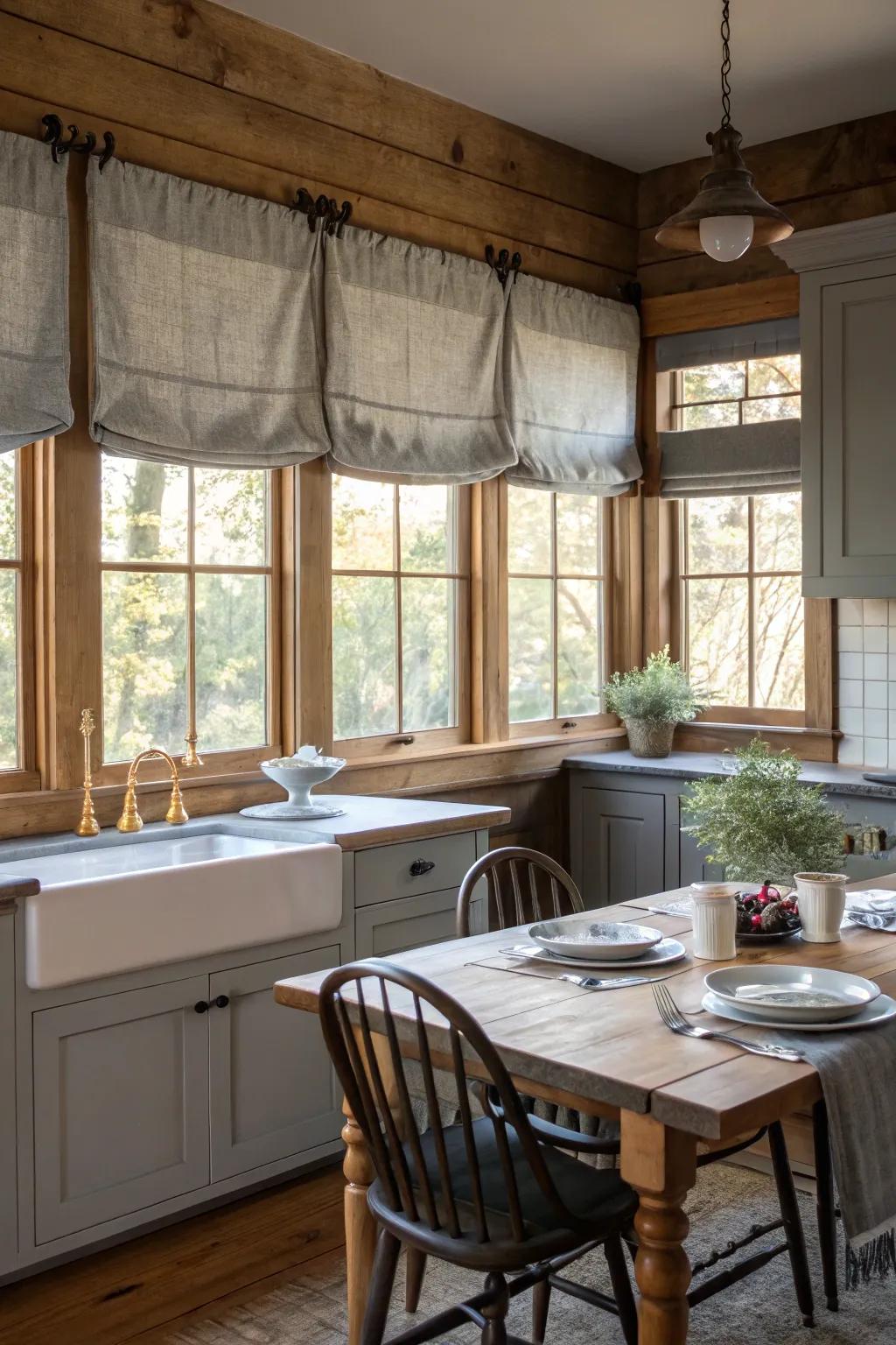 Gray decor components introduce sophisticated architectural interest to your kitchen windows.