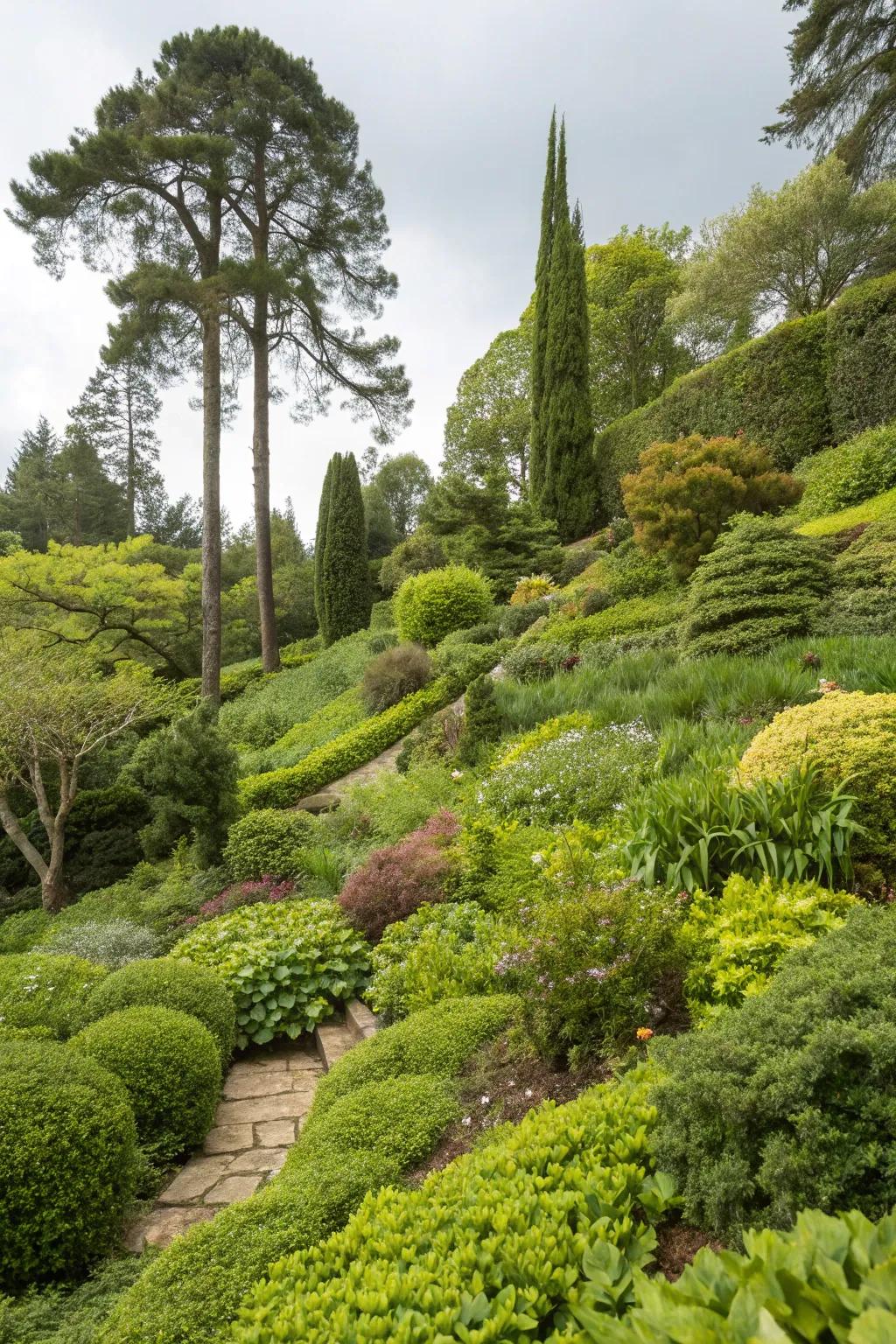 A lush, textured garden showcasing layered plantings for depth and beauty.