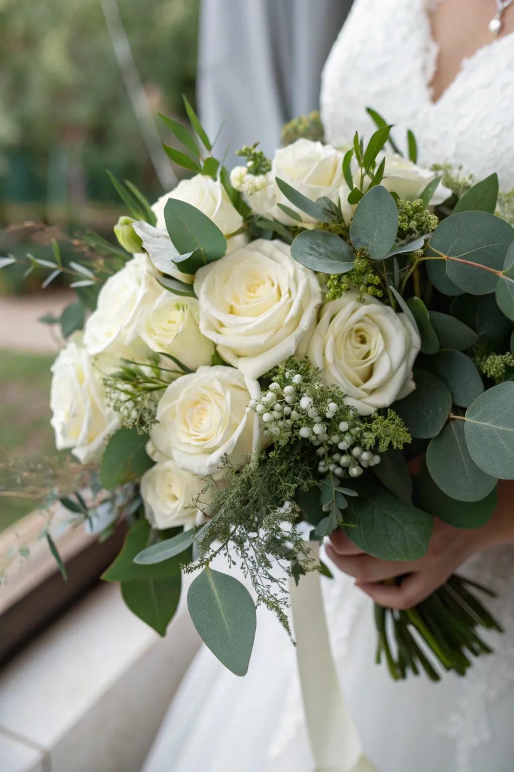 Bridal bouquet with lush greenery and elegant white roses.