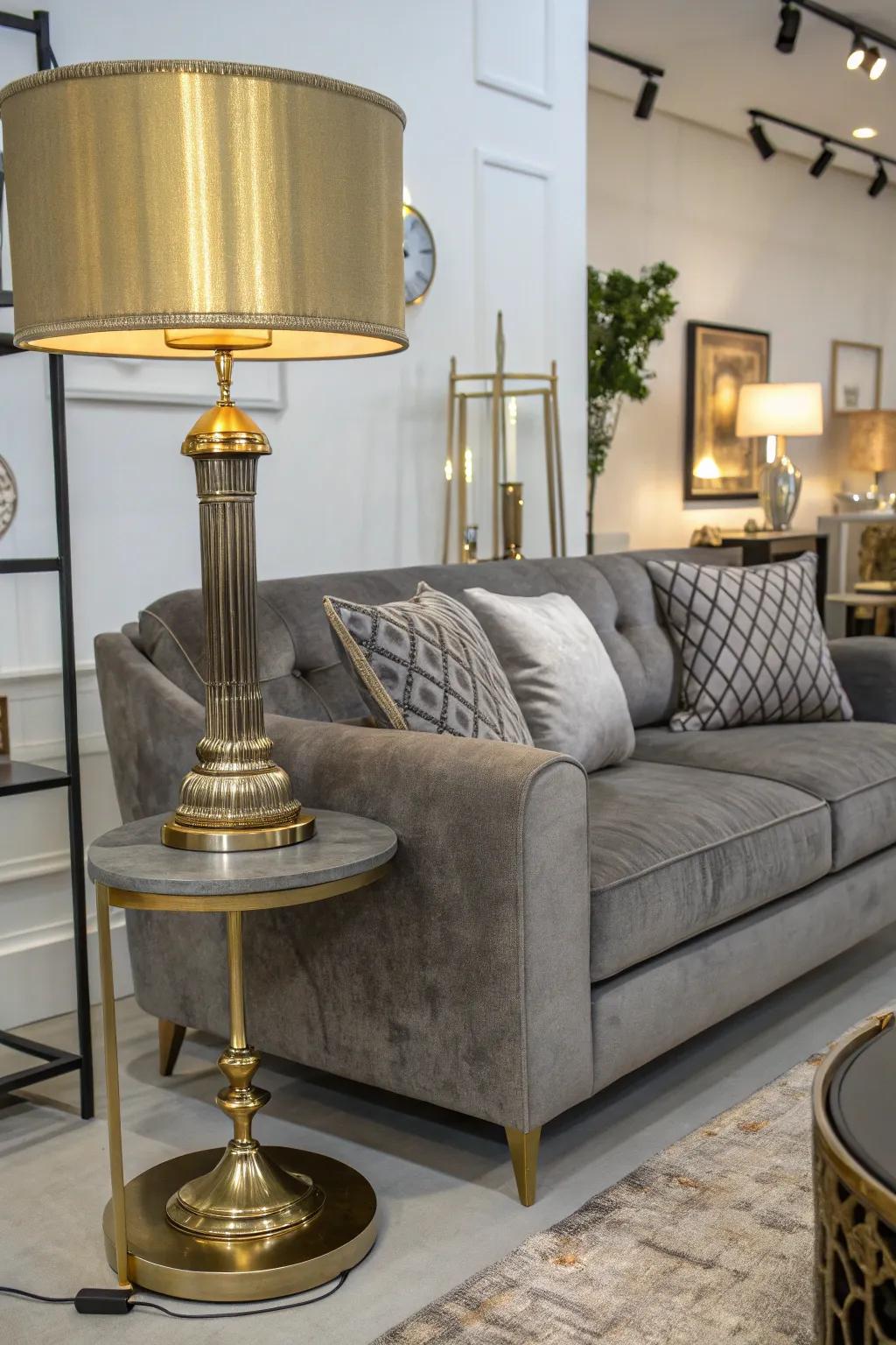 Grey couch styled with elegant metallic accents.