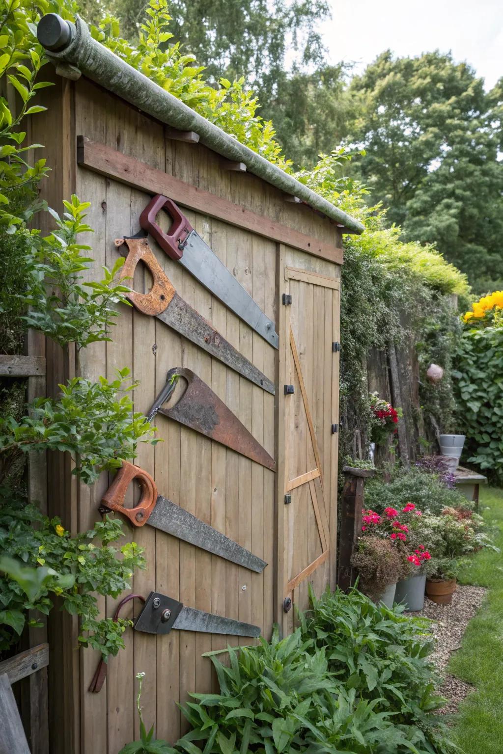 Hand saws arranged as a striking garden shed decoration.