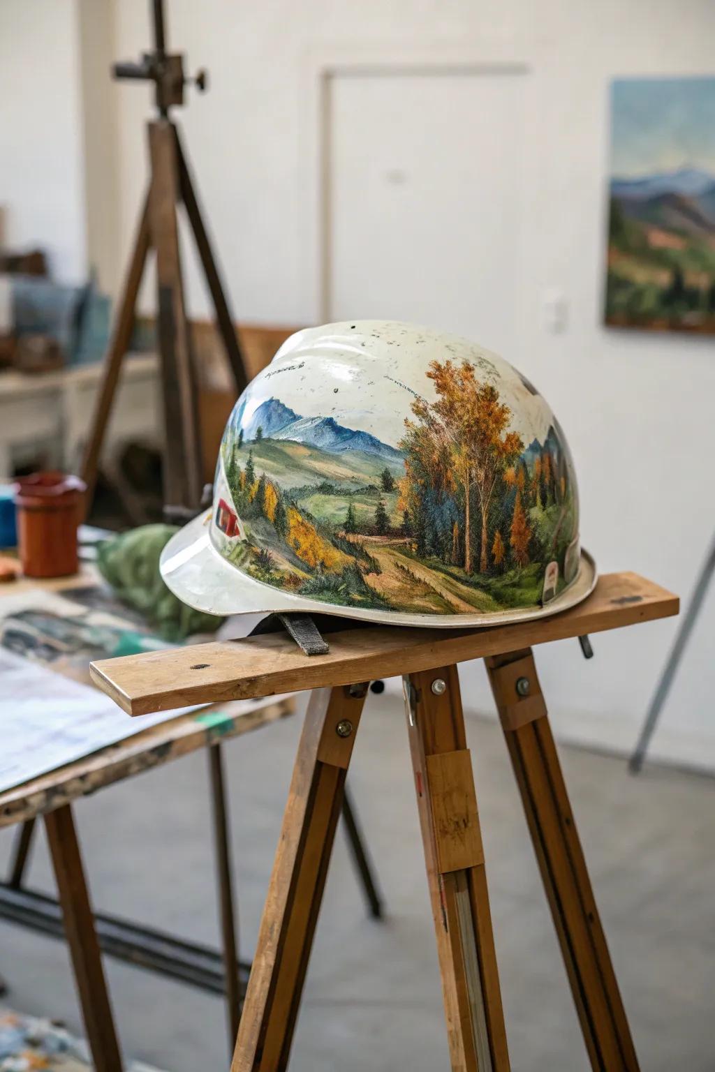 A safety helmet turned into a platform for creative artwork.