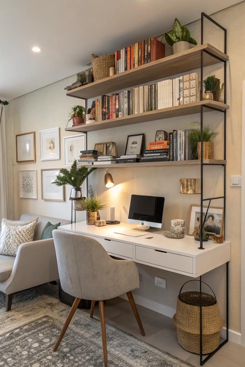 Sleek shelves provide both storage and display space in this home office.