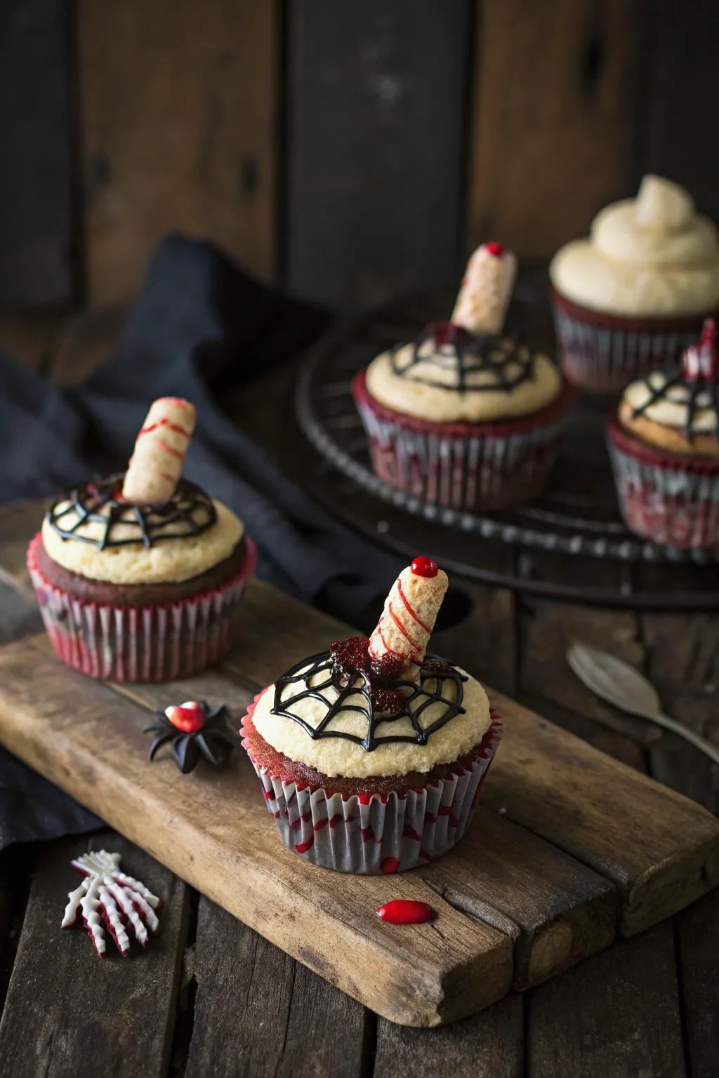 Cupcakes topped with severed fingers for a gruesome treat.