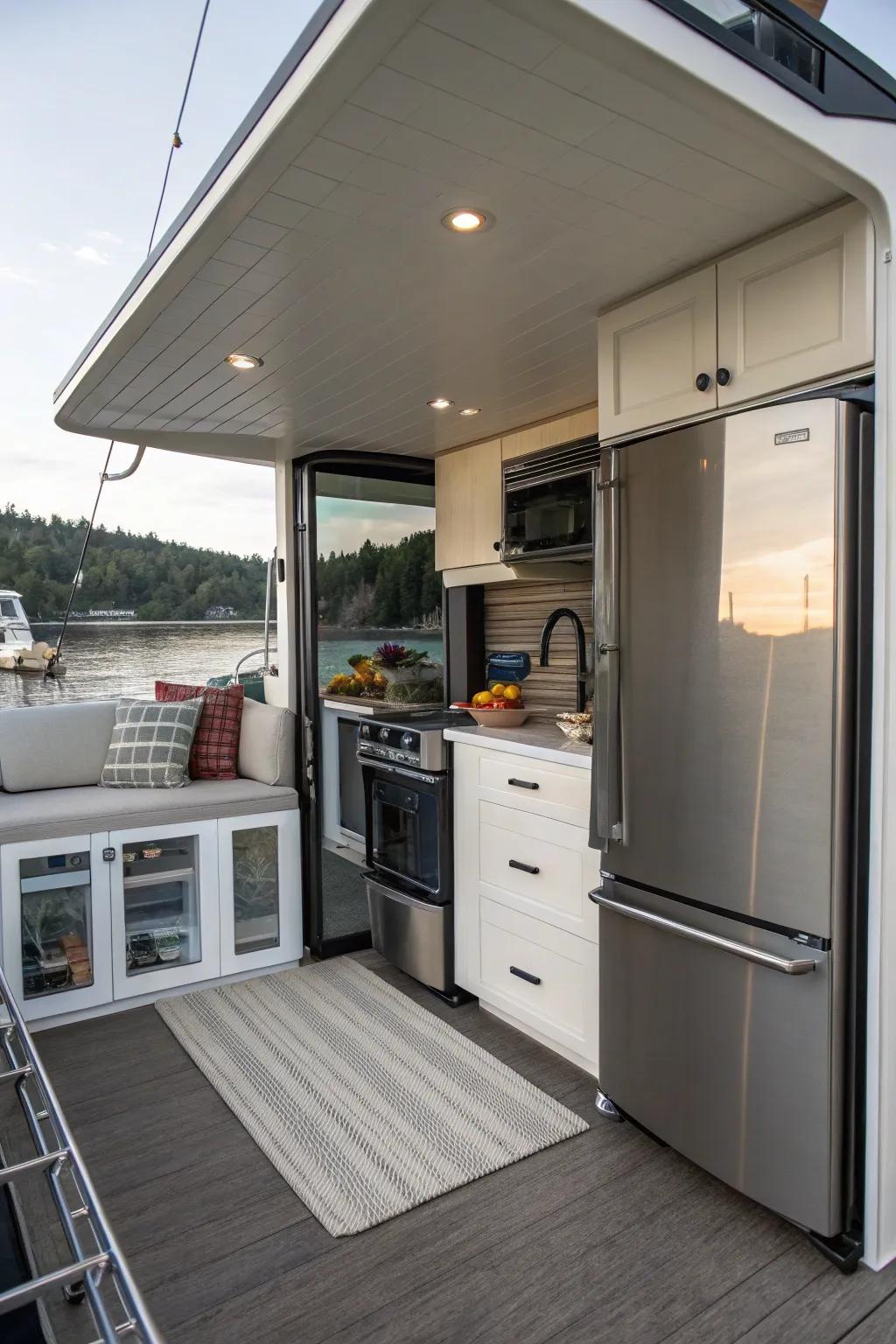 A small but fully functional kitchen designed for a houseboat.